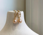 8.5mm Peach Gold Pearls Earrings Chandeliers: Extreme luster Mirrored, Metallic peach gold color, 2.5cm high, S925 silver cool earrings.