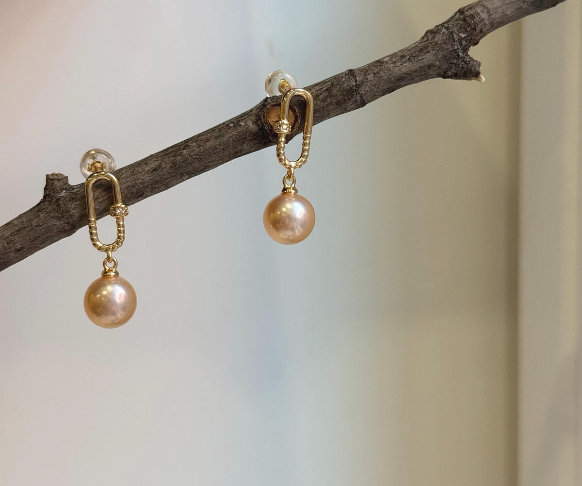 8.5mm Peach Gold Pearls Earrings Chandeliers: Extreme luster Mirrored, Metallic peach gold color, 2.5cm high, S925 silver cool earrings.