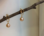 8.5mm Peach Gold Pearls Earrings Chandeliers: Extreme luster Mirrored, Metallic peach gold color, 2.5cm high, S925 silver cool earrings.