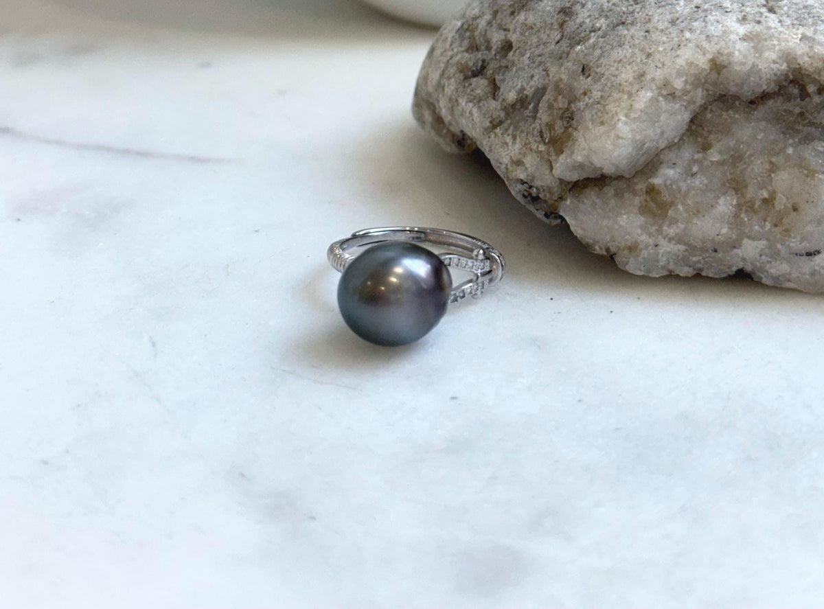 11.1x12.5mm Tahitian Ocean Platinum Pearl Ring: Extreme luster mirrored, S925 silver Minimalist adjustable Ring.Pearl Jewelry Idea
