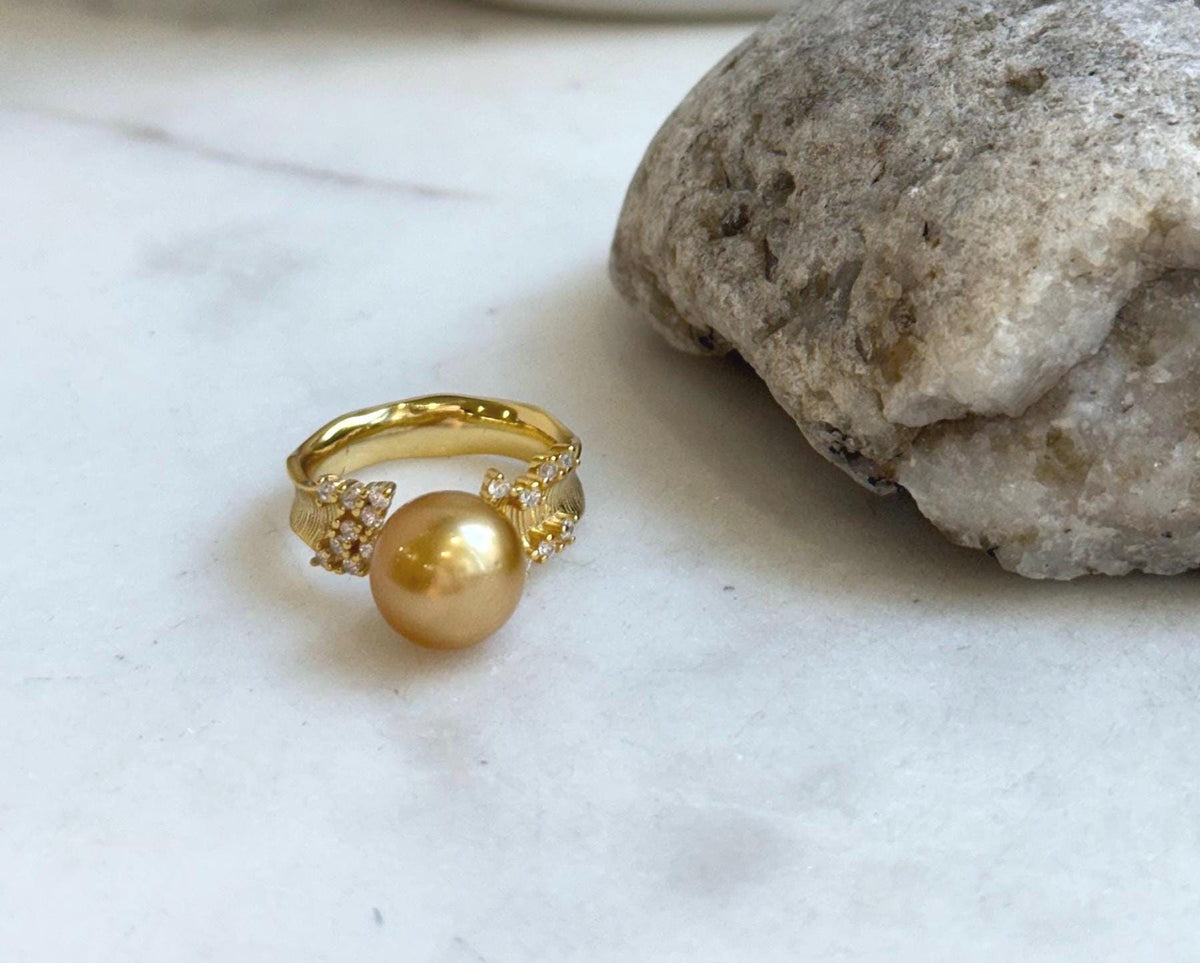 10.3mm South sea deep golden ocean pearl Ring: Extreme luster mirrored, S925 silver with gold plated adjustable Vintage Ring.