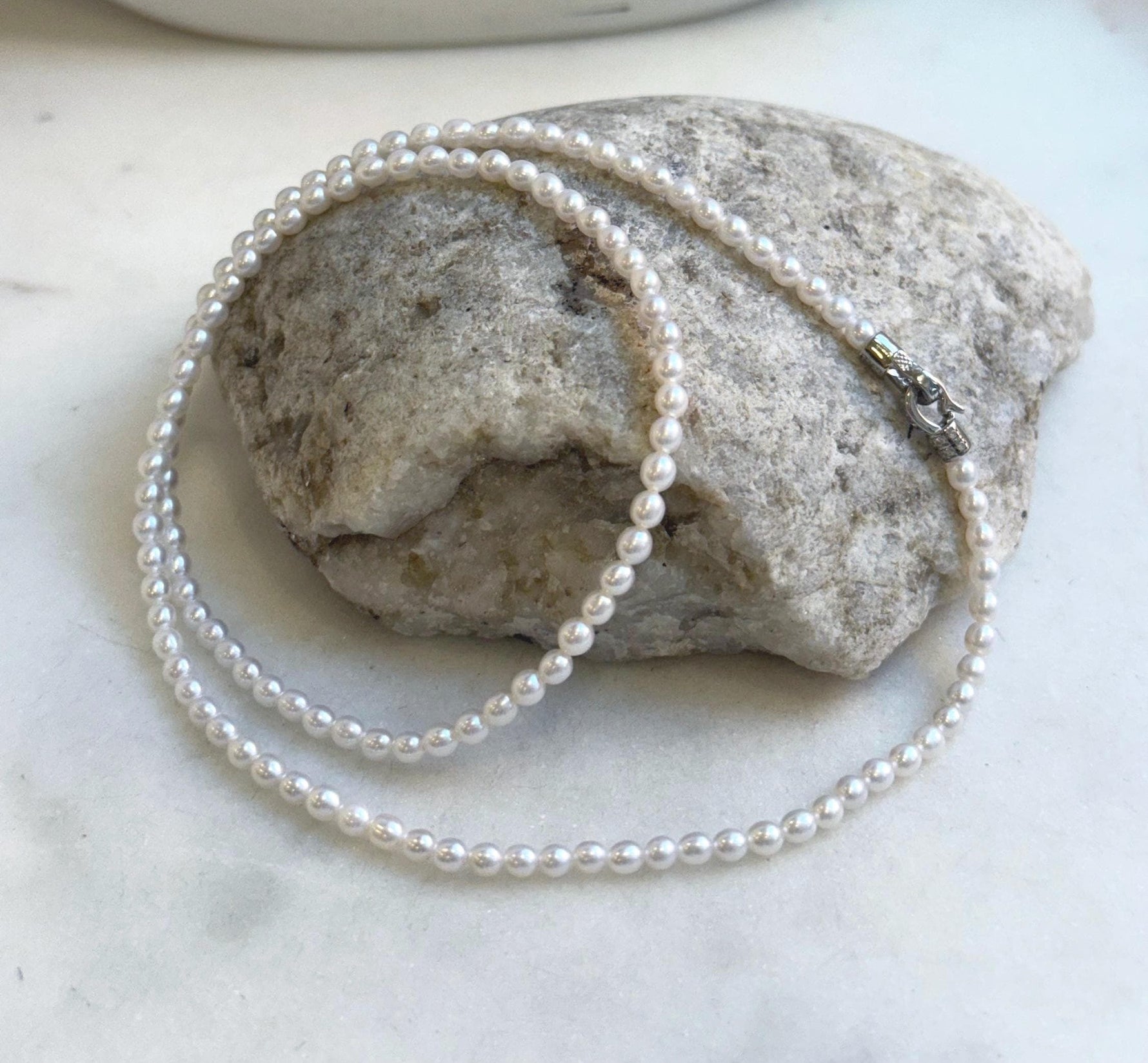 Elly‘s 3.1mm+ Freshwater cold white pearls necklace: Extreme luster mirrored, s925 silver 17.9” necklace. Pearl jewelry idea