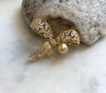 Elly’s South sea golden pearl butterfly bow brooch: Extreme luster mirrored, 9.6mm, deep gold pearl. Christmas Brooch.