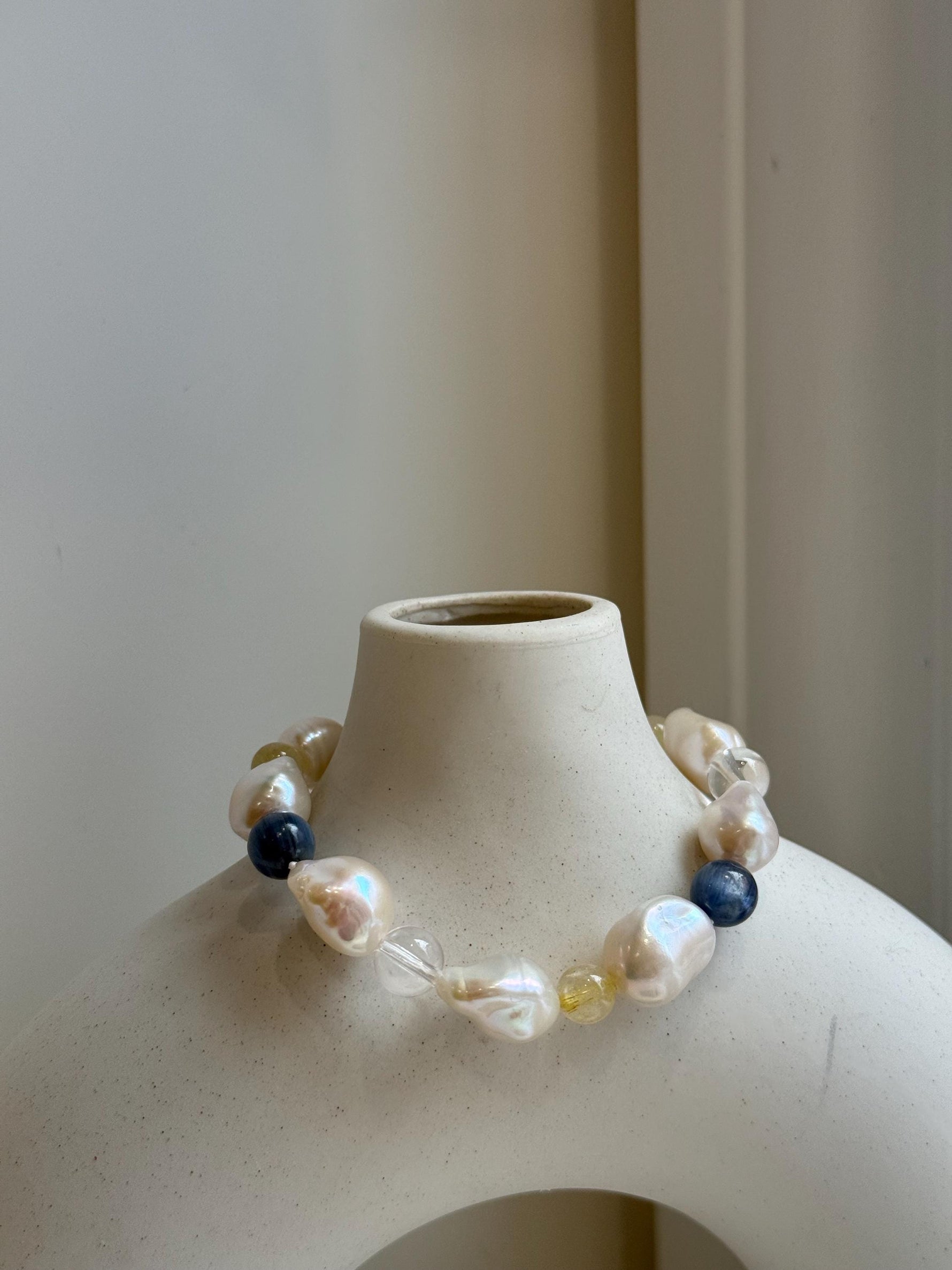 8pcs 10-12.5mm Baroque pearls Braclet: Extreme luster mirrored, 8”, S925 silver Braclet with Crystal Kyanite.