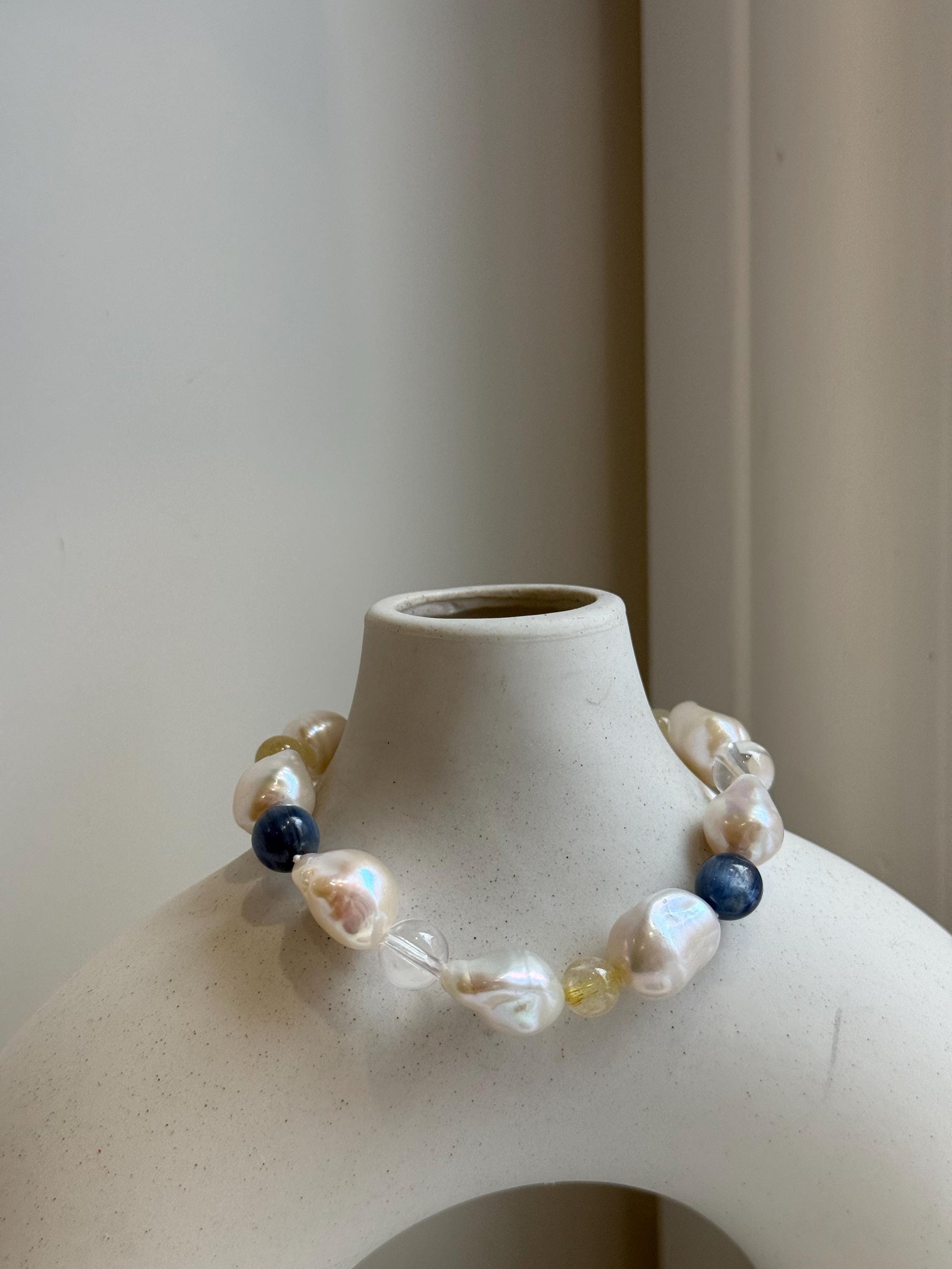 8pcs 10-12.5mm Baroque pearls Braclet: Extreme luster mirrored, 8”, S925 silver Braclet with Crystal Kyanite.