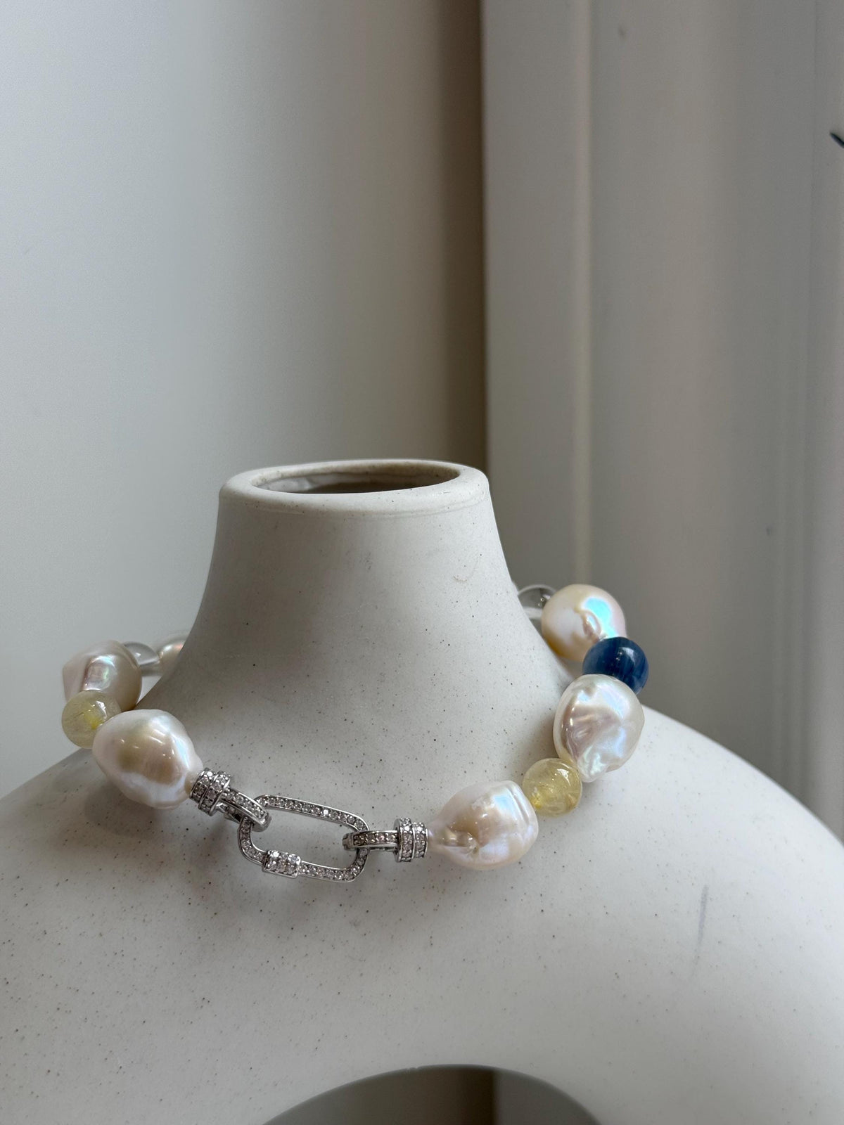 8pcs 10-12.5mm Baroque pearls Braclet: Extreme luster mirrored, 8”, S925 silver Braclet with Crystal Kyanite.