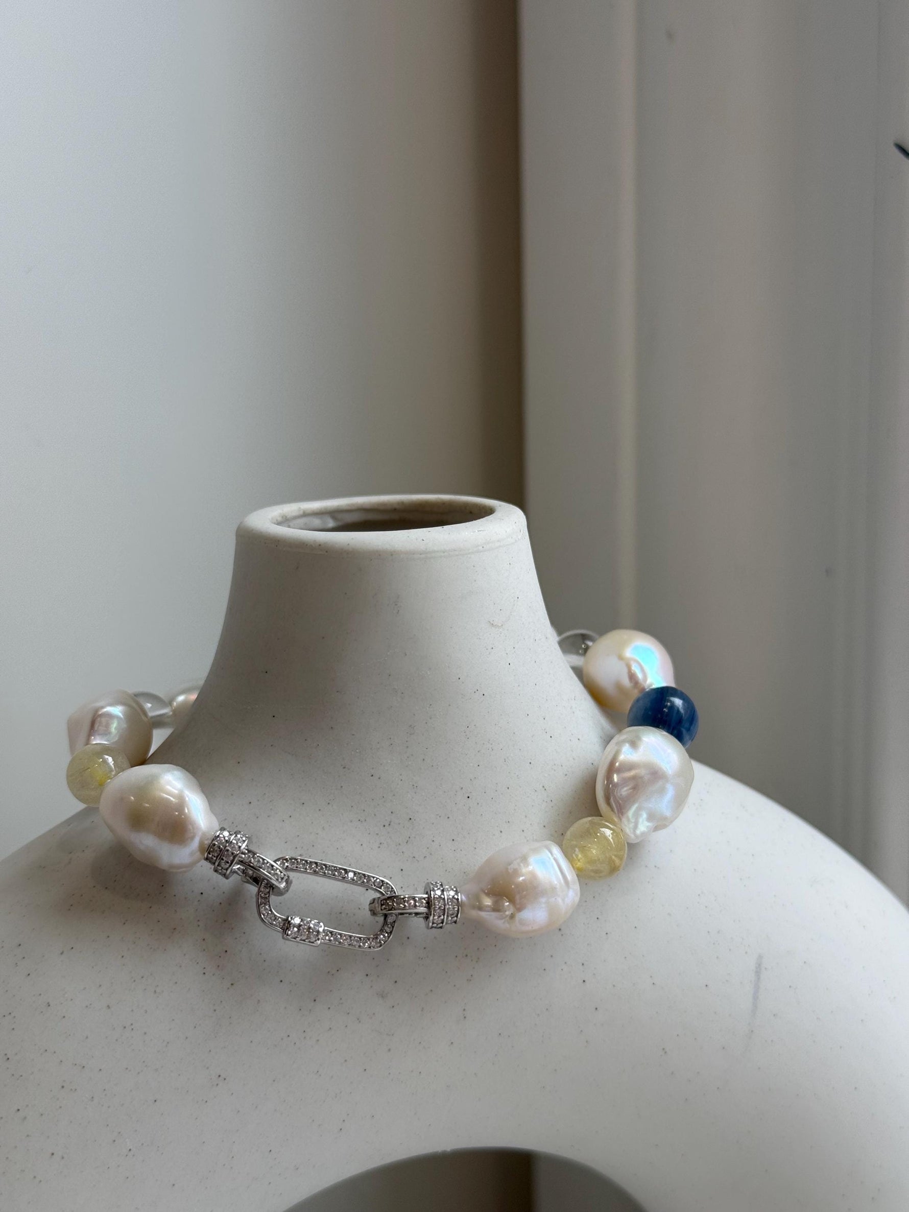8pcs 10-12.5mm Baroque pearls Braclet: Extreme luster mirrored, 8”, S925 silver Braclet with Crystal Kyanite.