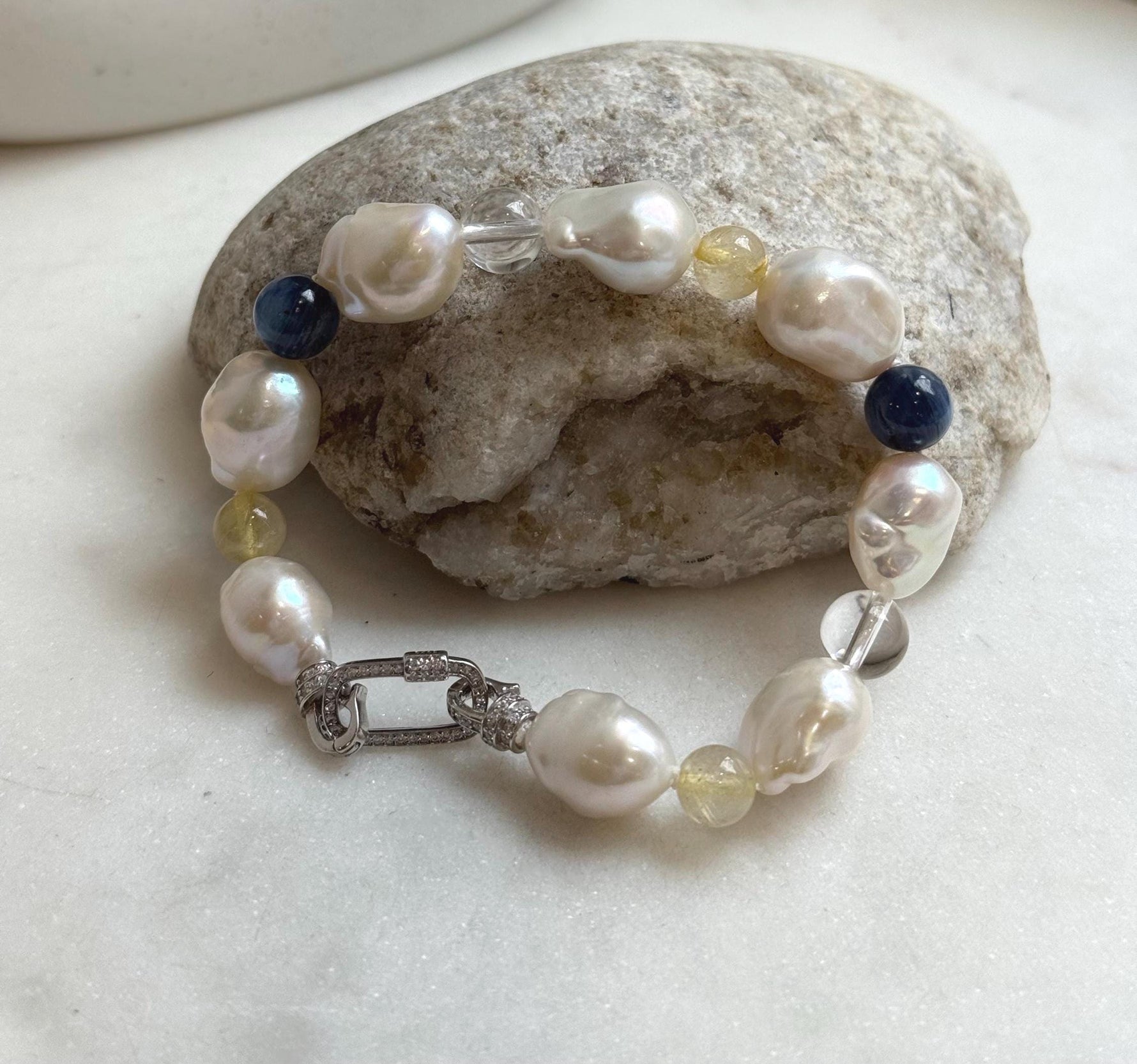 8pcs 10-12.5mm Baroque pearls Braclet: Extreme luster mirrored, 8”, S925 silver Braclet with Crystal Kyanite.