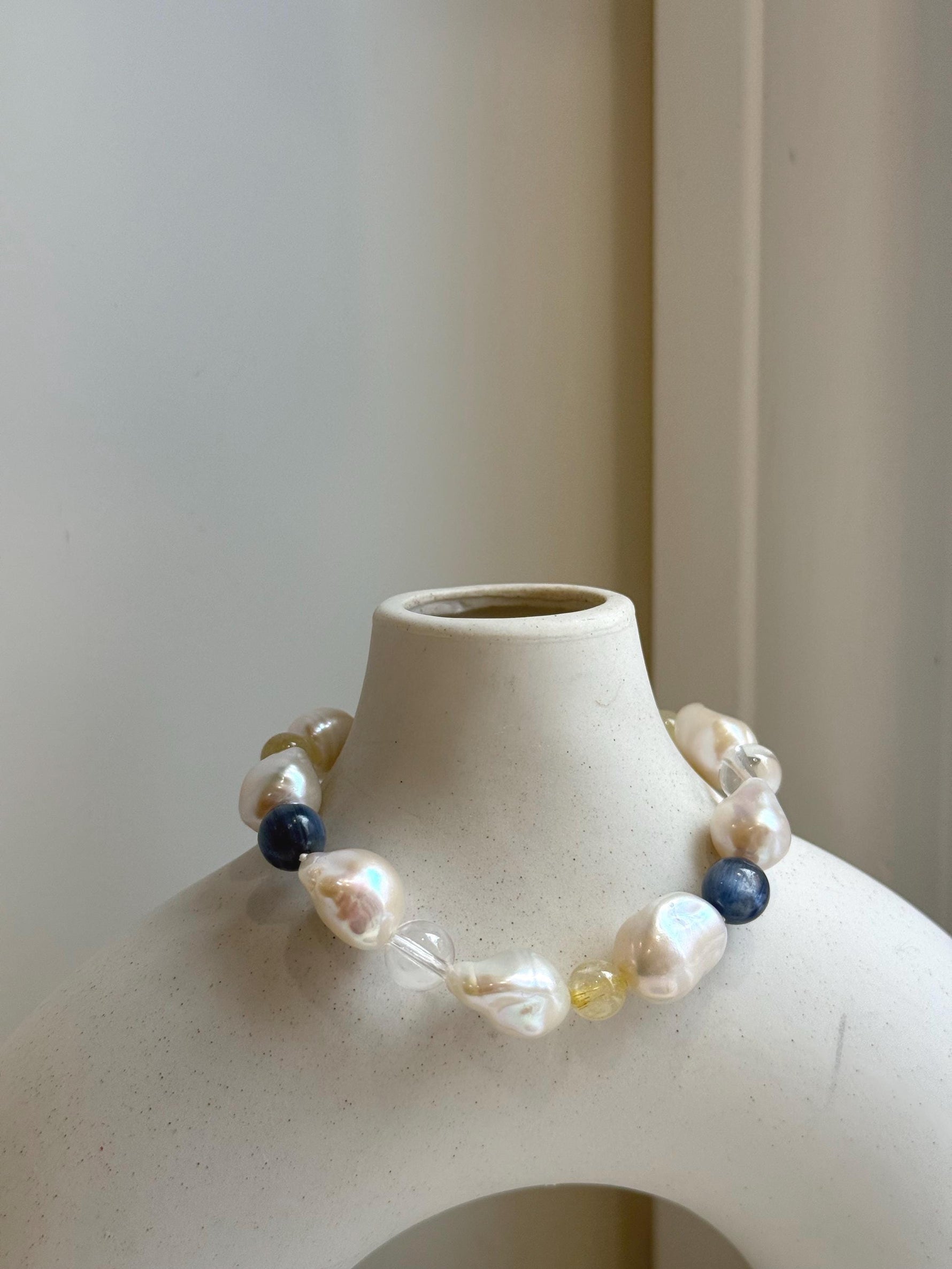 8pcs 10-12.5mm Baroque pearls Braclet: Extreme luster mirrored, 8”, S925 silver Braclet with Crystal Kyanite. daily bracelet