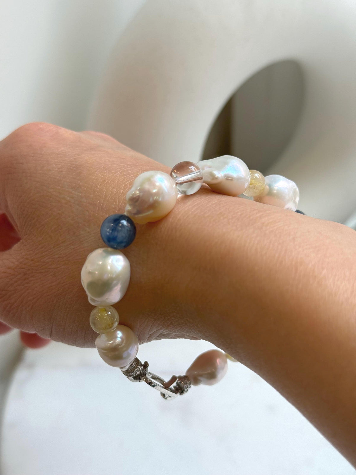 8pcs 10-12.5mm Baroque pearls Braclet: Extreme luster mirrored, 8”, S925 silver Braclet with Crystal Kyanite.