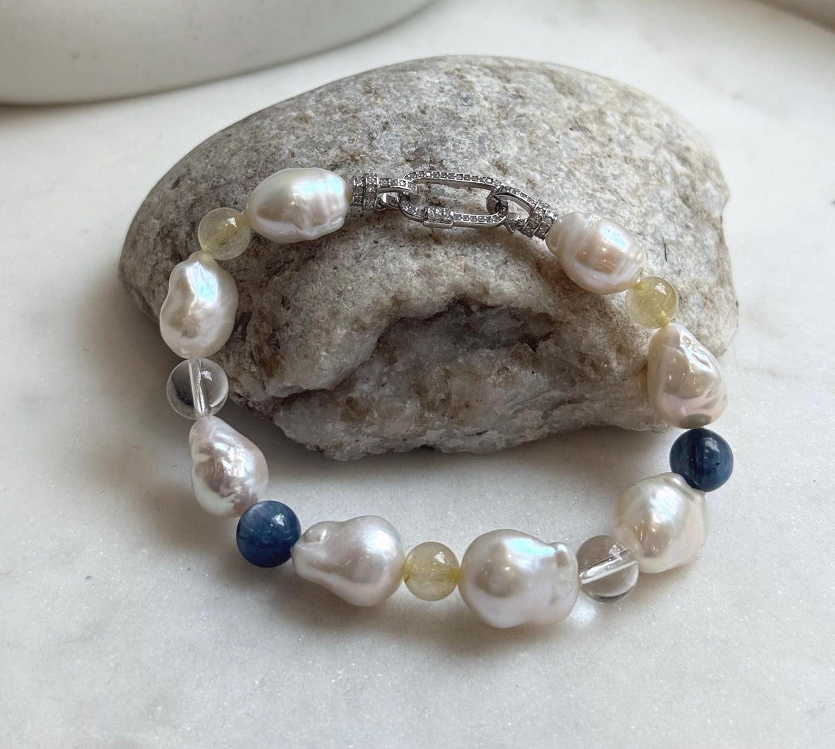 8pcs 10-12.5mm Baroque pearls Braclet: Extreme luster mirrored, 8”, S925 silver Braclet with Crystal Kyanite.