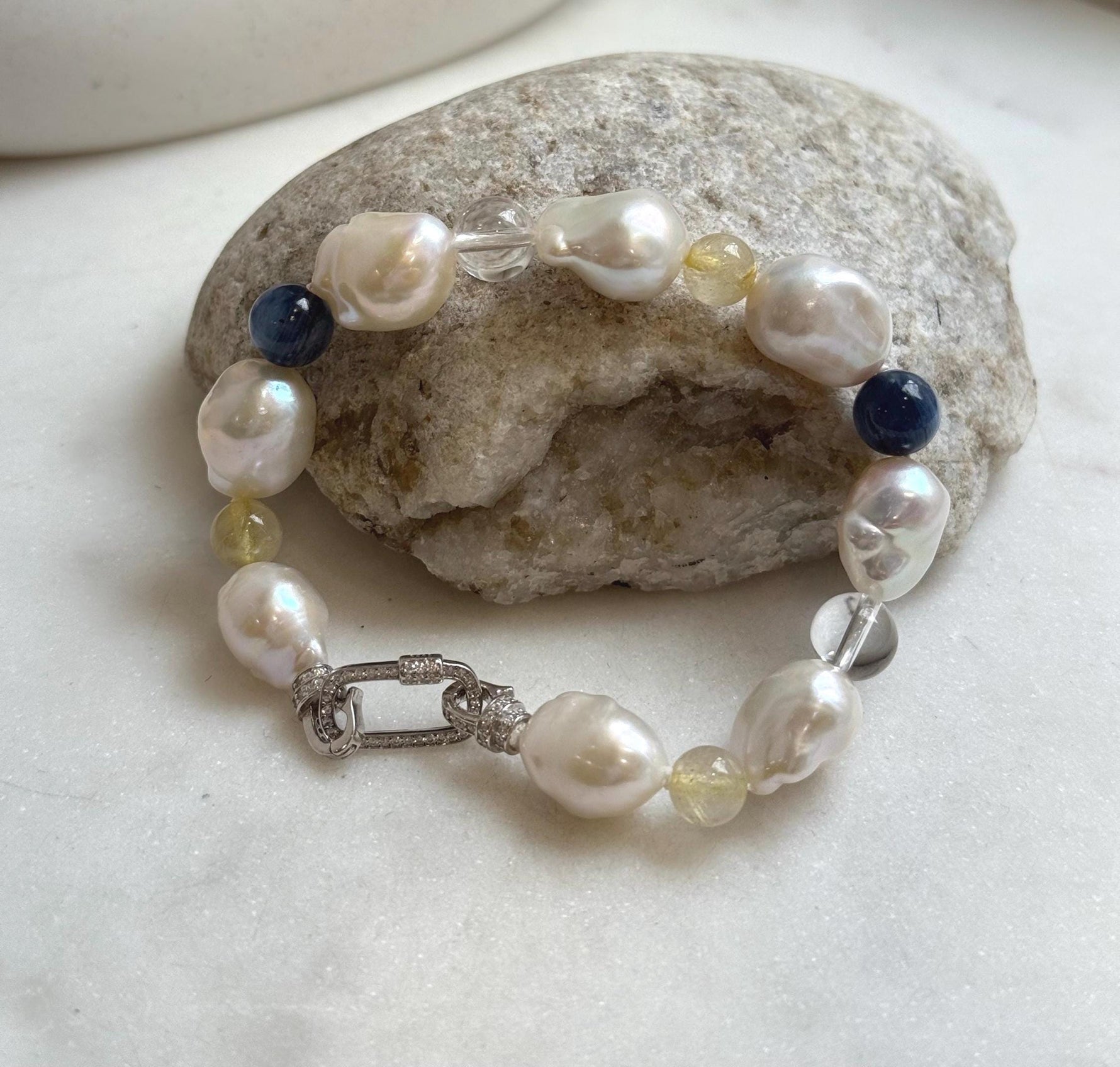 8pcs 10-12.5mm Baroque pearls Braclet: Extreme luster mirrored, 8”, S925 silver Braclet with Crystal Kyanite.
