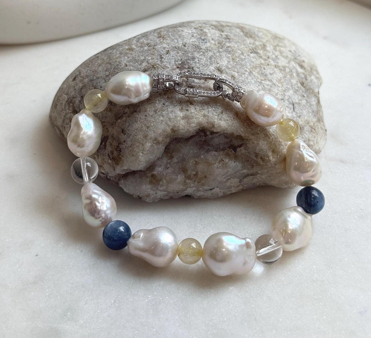 8pcs 10-12.5mm Baroque pearls Braclet: Extreme luster mirrored, 8”, S925 silver Braclet with Crystal Kyanite.