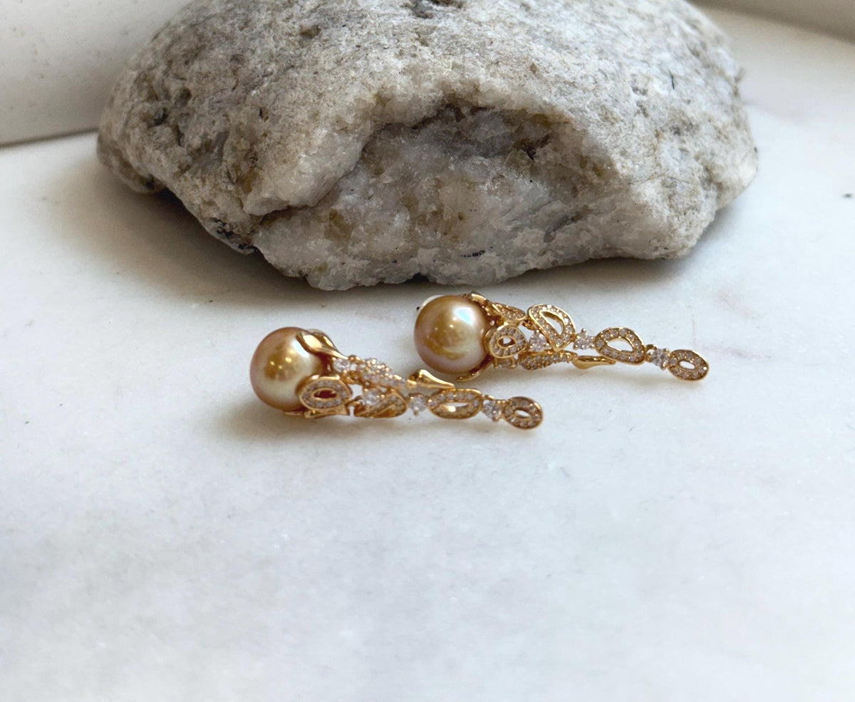 Elly’s 9.2mm Freshwater Edison deep golden pearls vintage Earrings Chandeliers: Extreme luster mirrored, s925 silver earrings.Pearl Jewelry