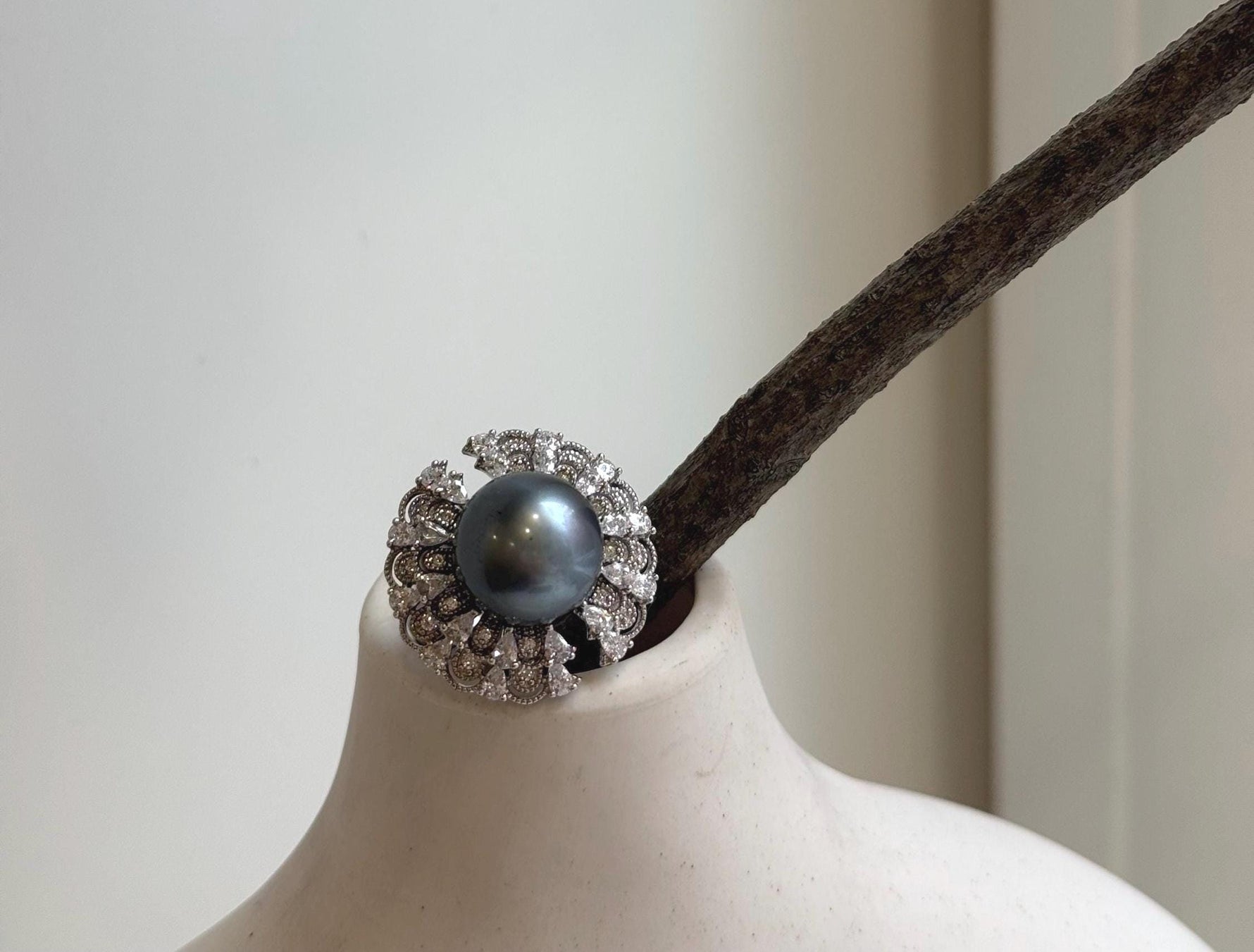 12.9mm Tahitian ocean Pearl Floral Ring: Extreme luster mirrored, 2.3cm Dia, Quite Thick S925 Silver Adjustable Ring. gift for her daily wear