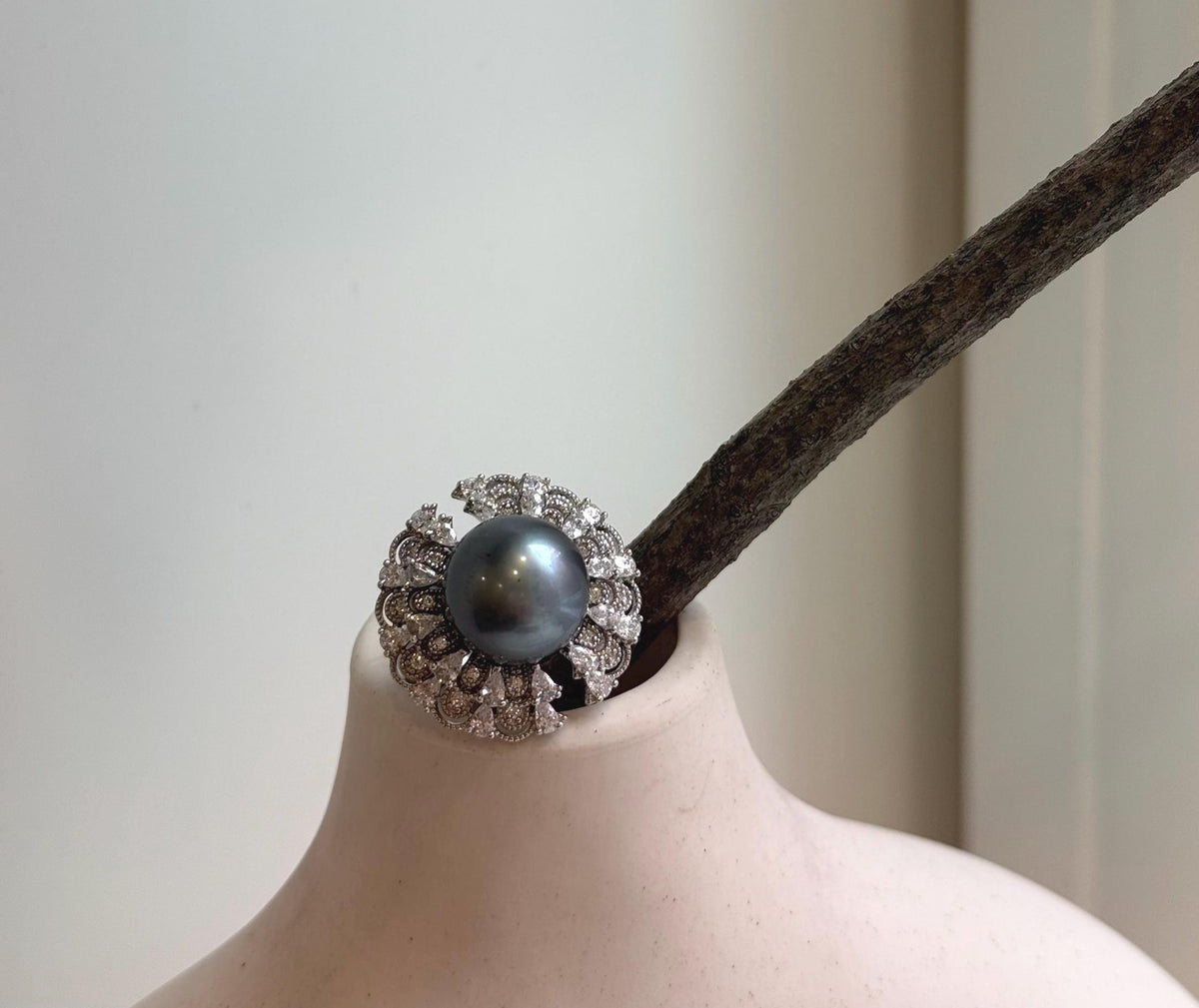 12.9mm Tahitian ocean Pearl Floral Ring: Extreme luster mirrored, 2.3cm Dia, Quite Thick S925 Silver Adjustable Ring.