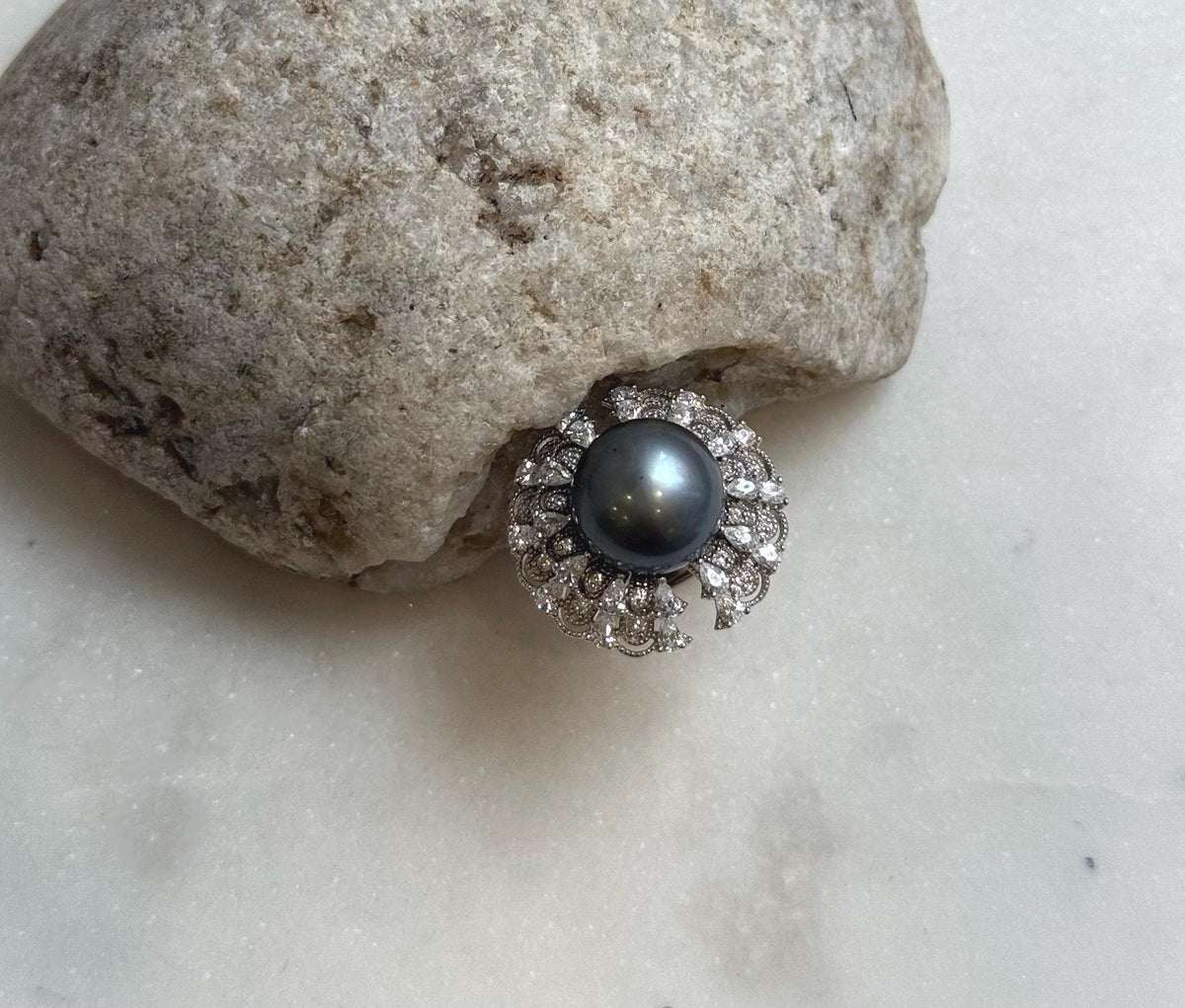 12.9mm Tahitian ocean Pearl Floral Ring: Extreme luster mirrored, 2.3cm Dia, Quite Thick S925 Silver Adjustable Ring.
