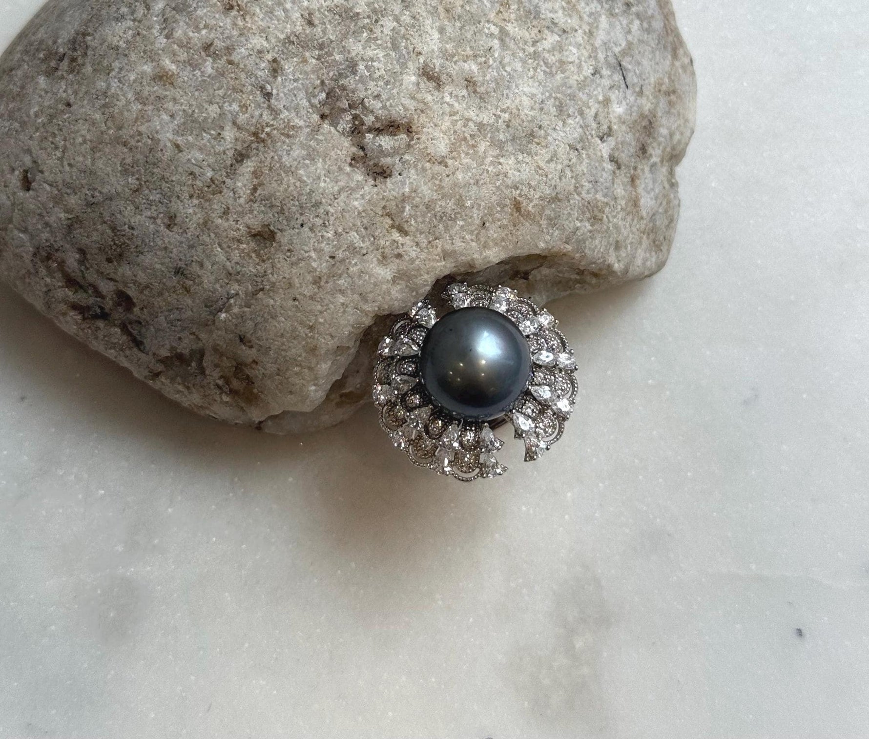 12.9mm Tahitian ocean Pearl Floral Ring: Extreme luster mirrored, 2.3cm Dia, Quite Thick S925 Silver Adjustable Ring.