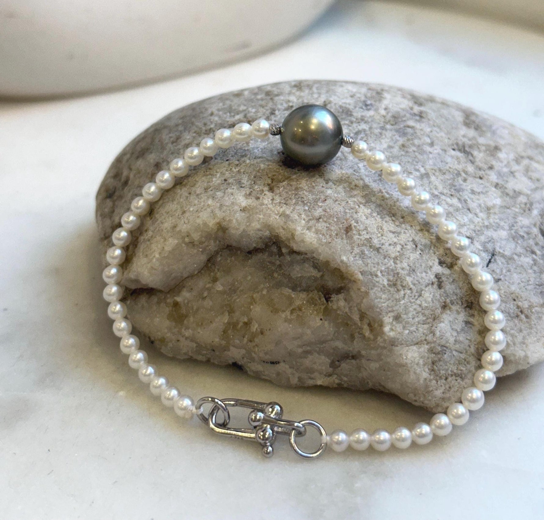 Elly’s 10.5mm Platinum Tahitian Ocean Freshwater white Pearls Bracelet: Extreme luster mirrored, 7.2”, S925 silver bracelet.