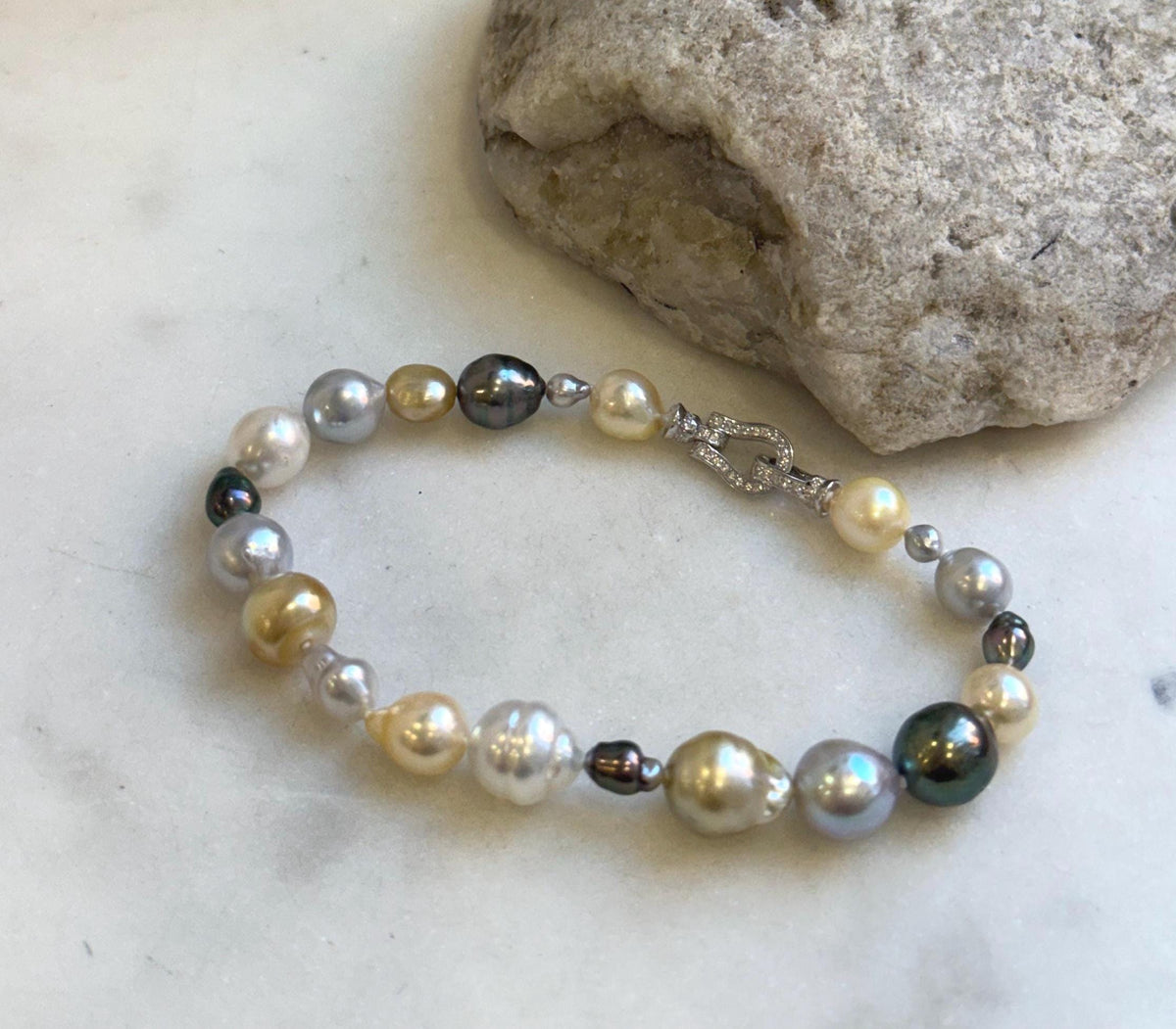 Elly’s Multicolor Ocean Pearls Bracelet: 21pcs South Sea Golden White Tahitian Akoya Pearls, Extreme luster, 3.8-9.5mm, 7.7” knot, gift for her daily wear