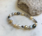 Elly’s Multicolor Ocean Pearls Bracelet: 21pcs South Sea Golden White Tahitian Akoya Pearls, Extreme luster, 3.8-9.5mm, 7.7” knot, gift for her holiday