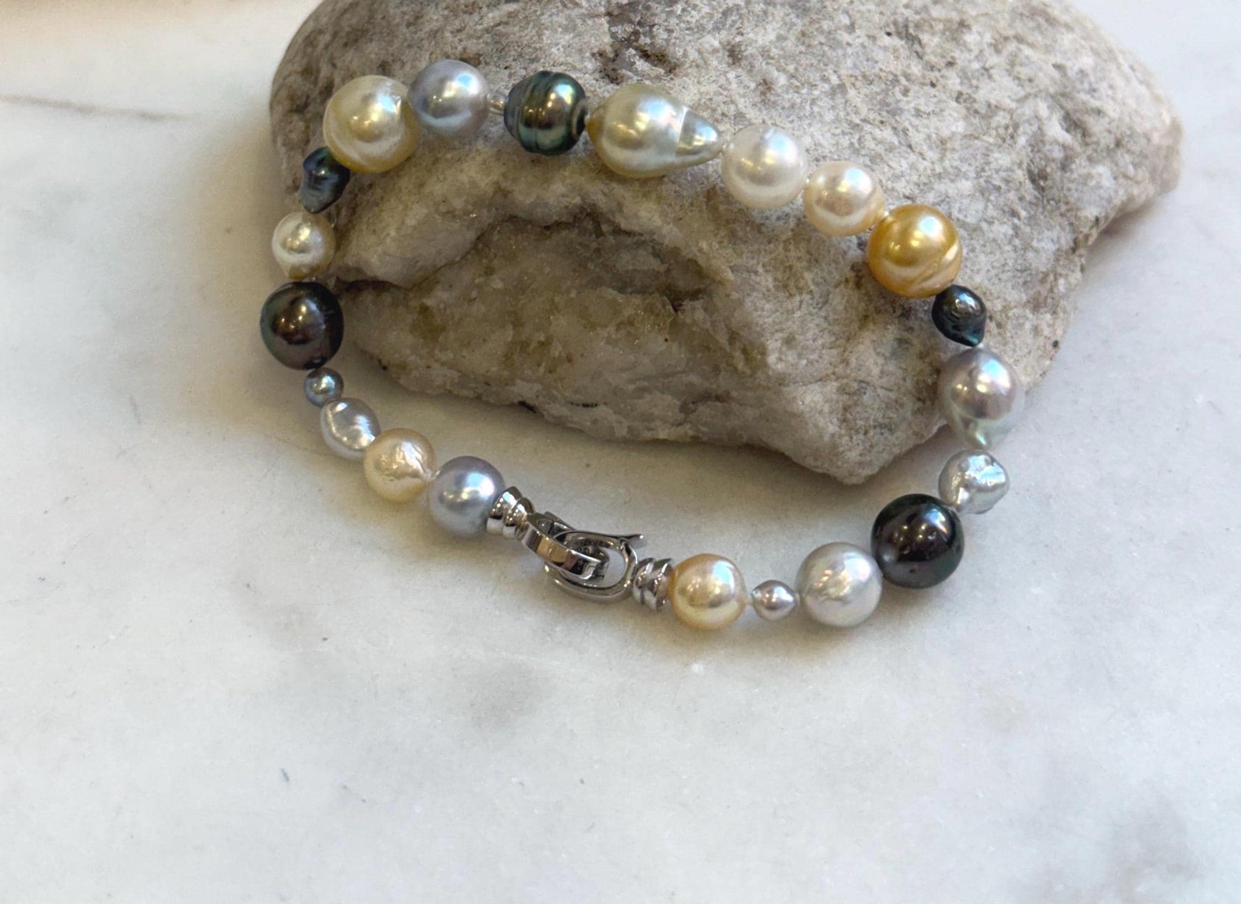 Elly’s Multicolor Ocean Pearls Bracelet: 21pcs South Sea Golden White Tahitian Akoya Pearls, Extreme luster, 3.8-9.6mm, 7.8” knot, gift for her jewelry pearl