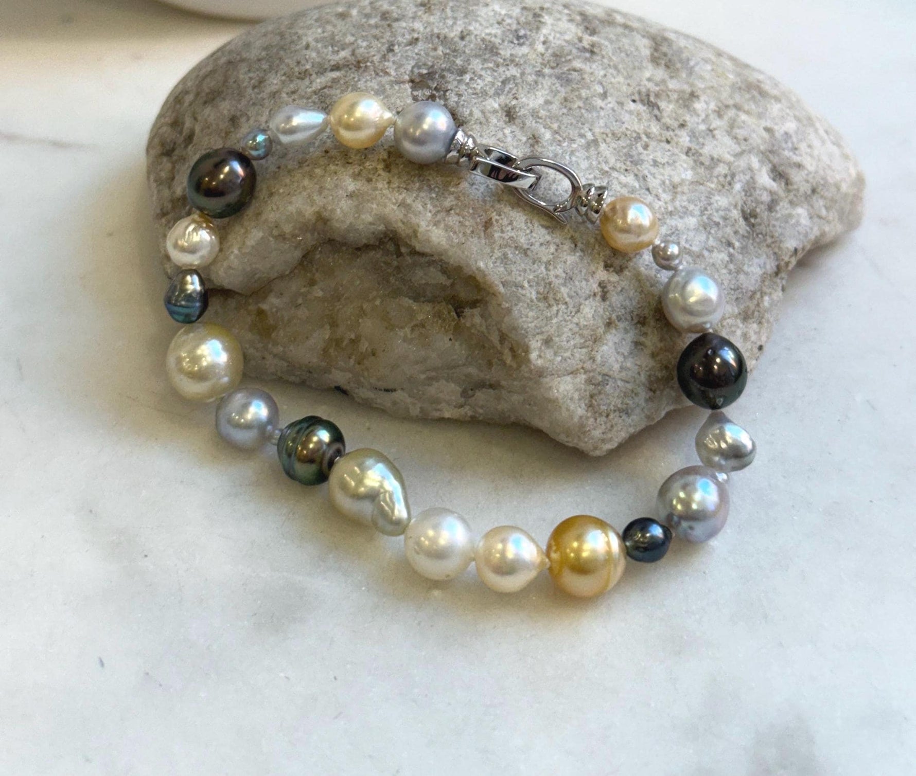 Elly’s Multicolor Ocean Pearls Bracelet: 21pcs South Sea Golden White Tahitian Akoya Pearls, Extreme luster, 3.8-9.6mm, 7.8” knot, gift for her daily wear bracelet