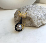 Tahitian Platinum ocean pearl Cat brooch pendant 2in1: Extreme strong luster mirrored, 10.3mm. s925 silver chain, gift for her birthday