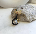 Tahitian Platinum ocean pearl Cat brooch pendant 2in1: Extreme strong luster mirrored, 10.3mm. s925 silver chain