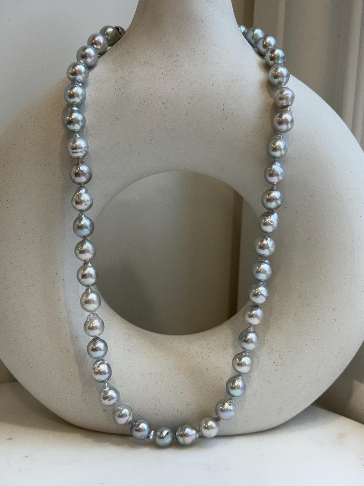 18.8” 41pcs Akoya Blue Silver Ocean pearls long necklace:  Extreme luster, 8.3-8.9mm, Hand knotted, S925 silver necklace strand.