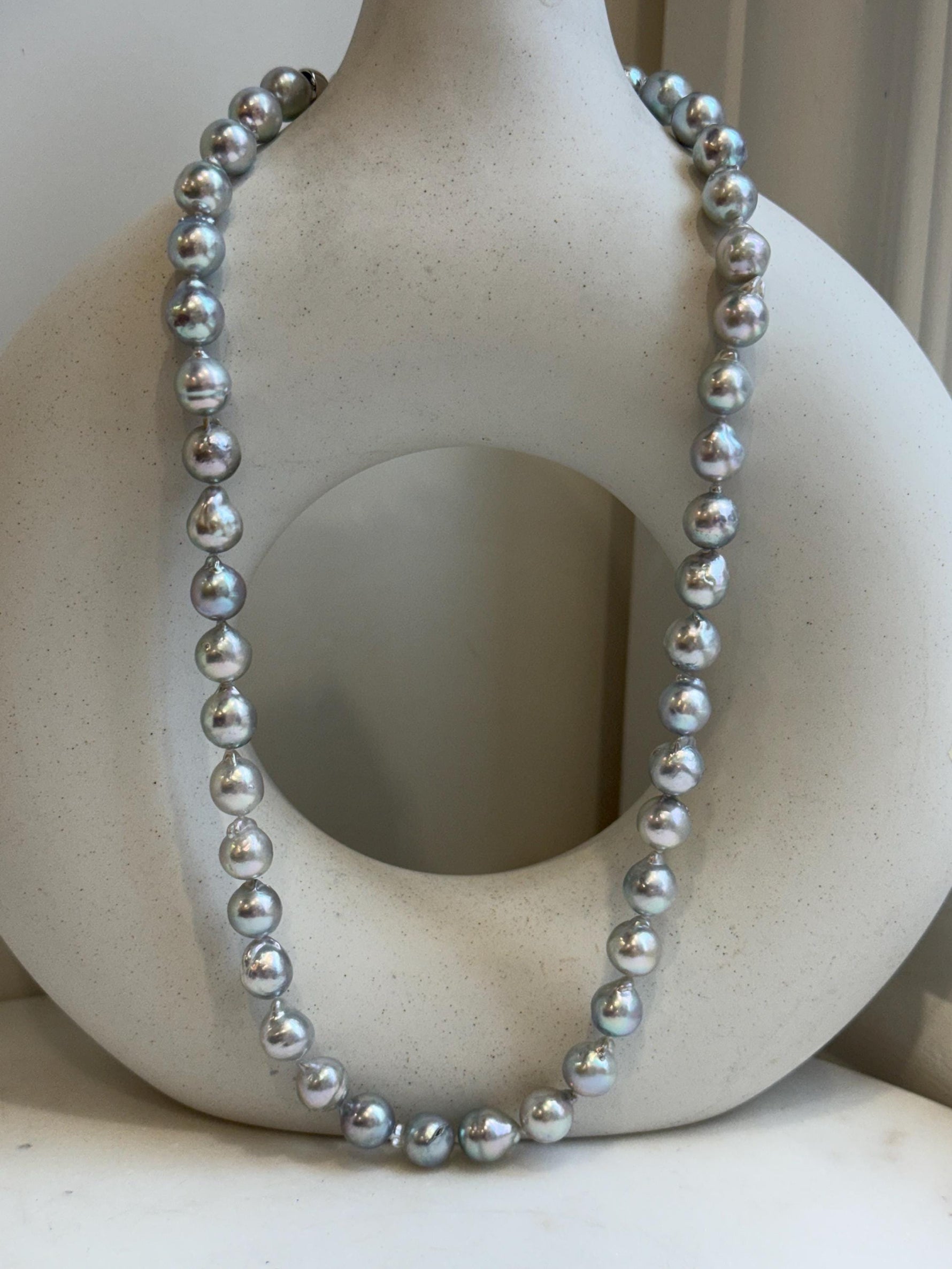 18.8” 41pcs Akoya Blue Silver Ocean pearls long necklace:  Extreme luster, 8.3-8.9mm, Hand knotted, S925 silver necklace strand.