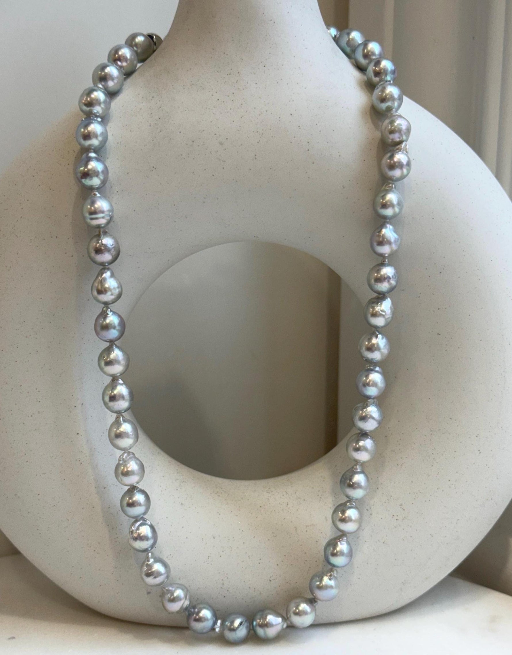 18.8” 41pcs Akoya Blue Silver Ocean pearls long necklace:  Extreme luster, 8.3-8.9mm, Hand knotted, S925 silver necklace strand. gift for her daily wear