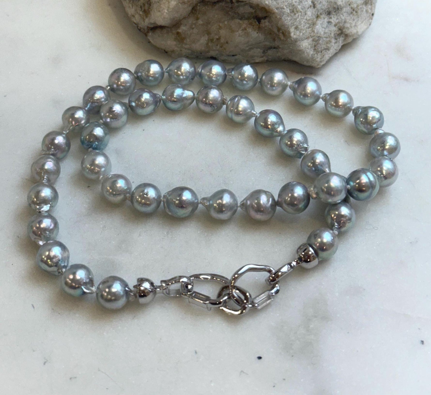 18.8” 41pcs Akoya Blue Silver Ocean pearls long necklace:  Extreme luster, 8.3-8.9mm, Hand knotted, S925 silver necklace strand.