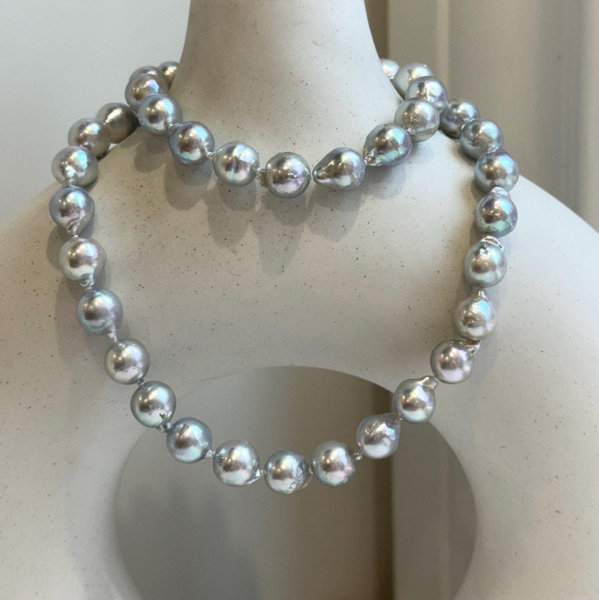 18.8” 41pcs Akoya Blue Silver Ocean pearls long necklace:  Extreme luster, 8.3-8.9mm, Hand knotted, S925 silver necklace strand.