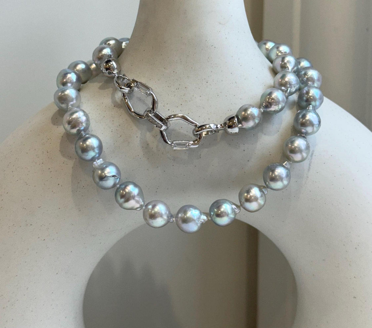 18.8” 41pcs Akoya Blue Silver Ocean pearls long necklace:  Extreme luster, 8.3-8.9mm, Hand knotted, S925 silver necklace strand.