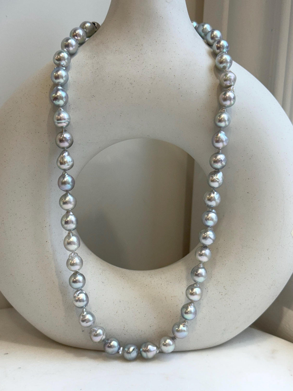 18.8” 41pcs Akoya Blue Silver Ocean pearls long necklace:  Extreme luster, 8.3-8.9mm, Hand knotted, S925 silver necklace strand.