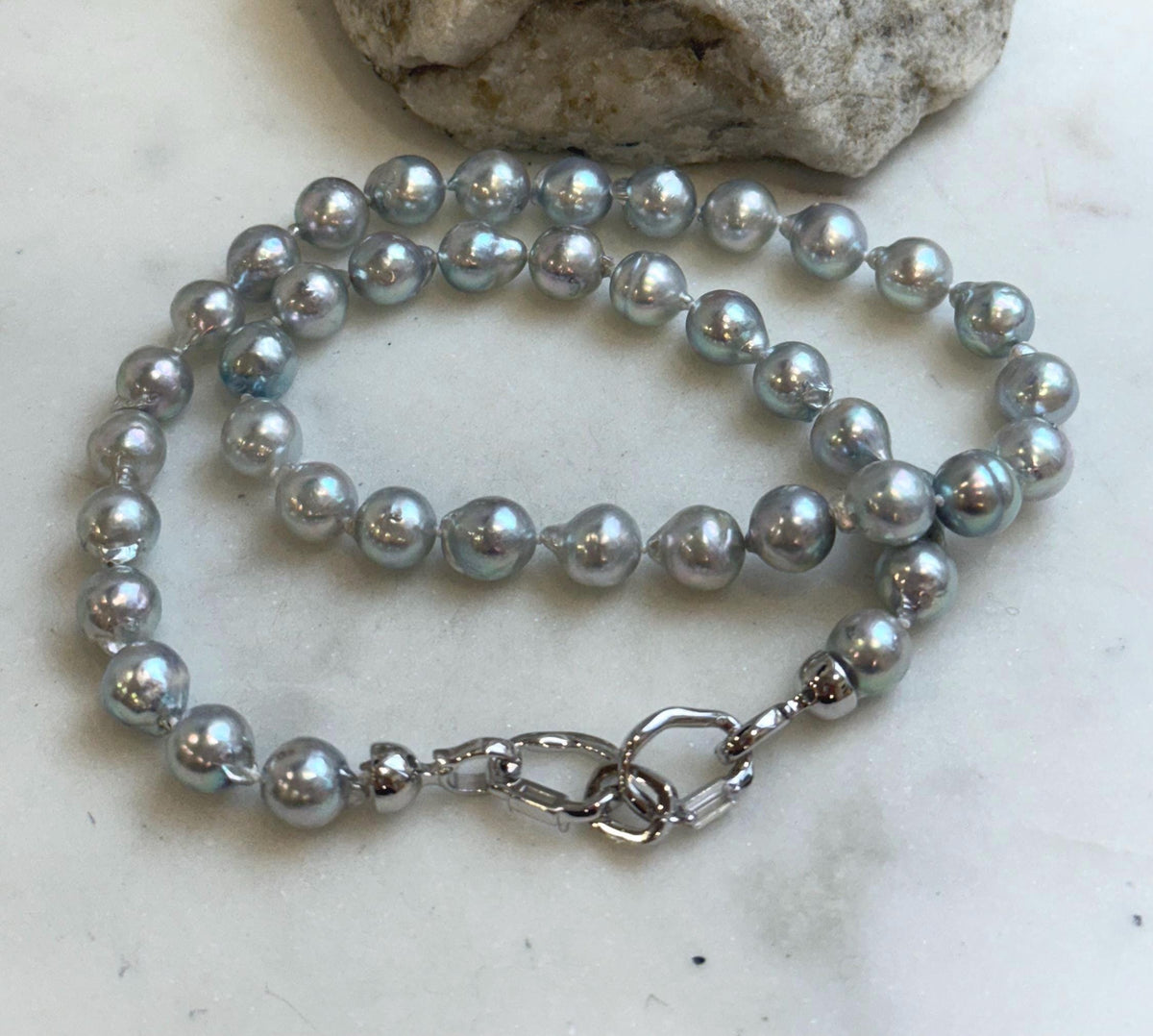 18.8” 41pcs Akoya Blue Silver Ocean pearls long necklace:  Extreme luster, 8.3-8.9mm, Hand knotted, S925 silver necklace strand.