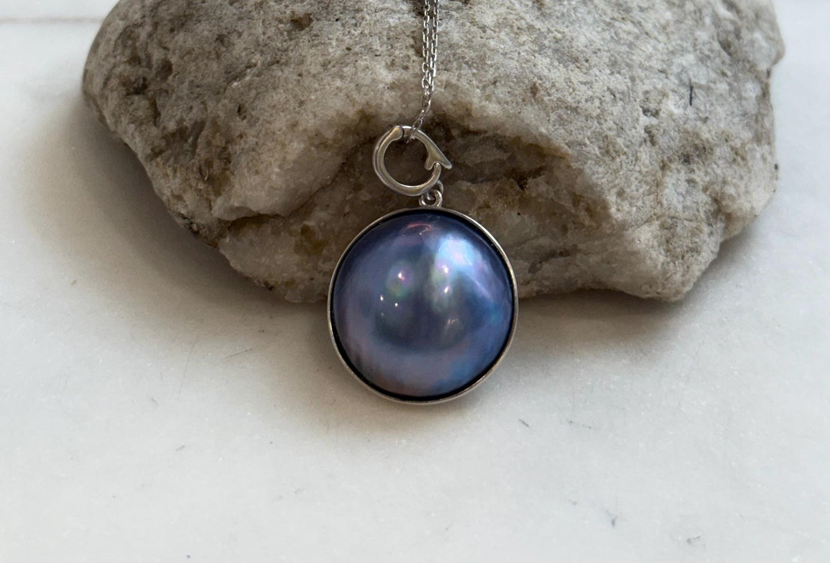 20.7mm Purple blue iridescent Ocean Round Mabe Pearl Pendant: Extreme luster, S925 Silver base pendant Necklace Set. gift for her birthday