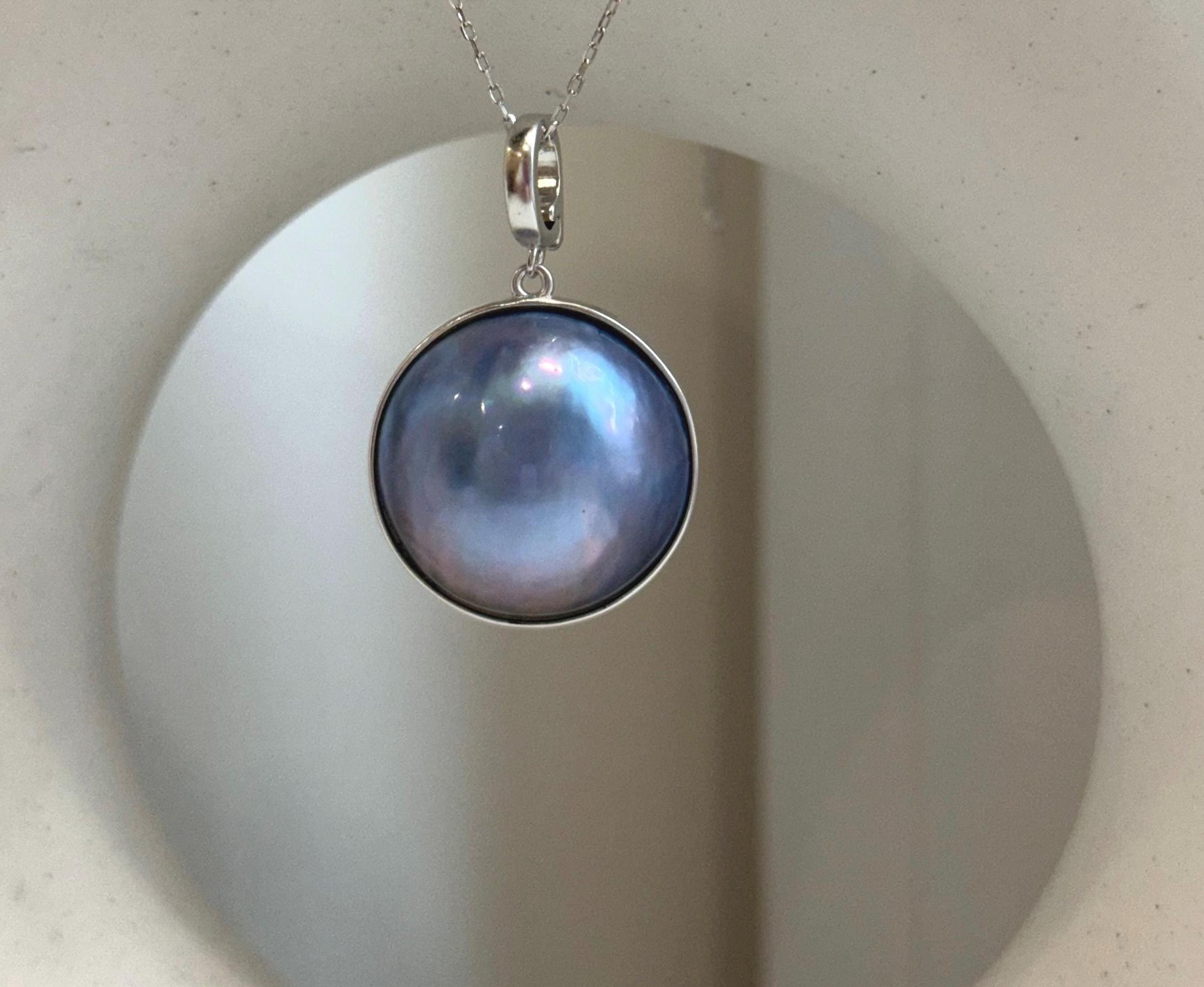 20.7mm Purple blue iridescent Ocean Round Mabe Pearl Pendant: Extreme luster, S925 Silver base pendant Necklace Set.
