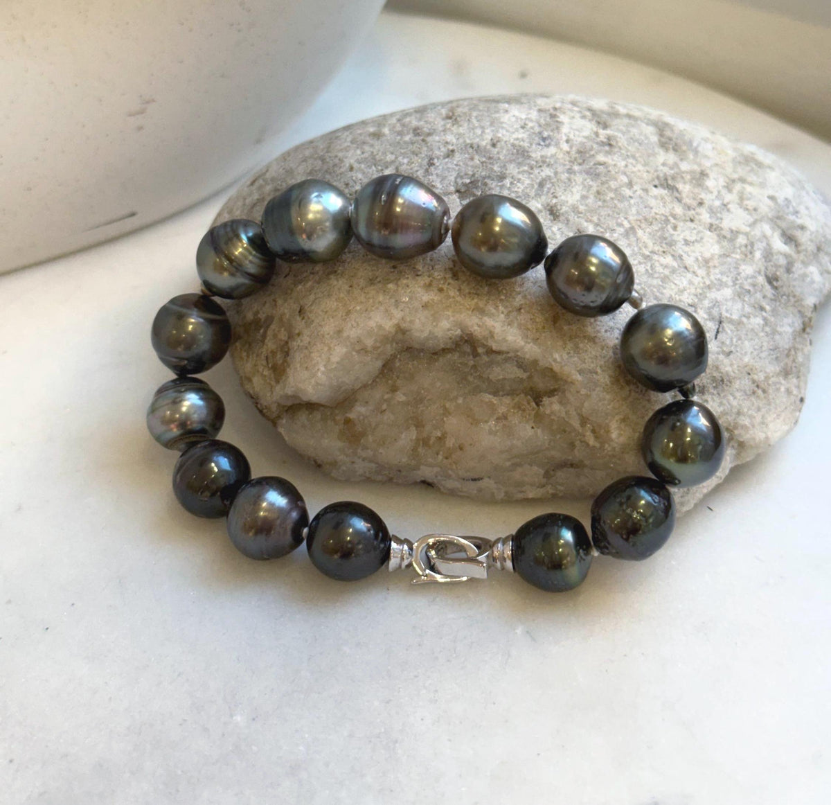 Elly’s 10.1-11.6mm 14pcs Tahitian Ocean peacock platinum Pearls Bracelet: Extreme luster, 7.8” knotted. Pearl jewelry idea. gift for her birthday