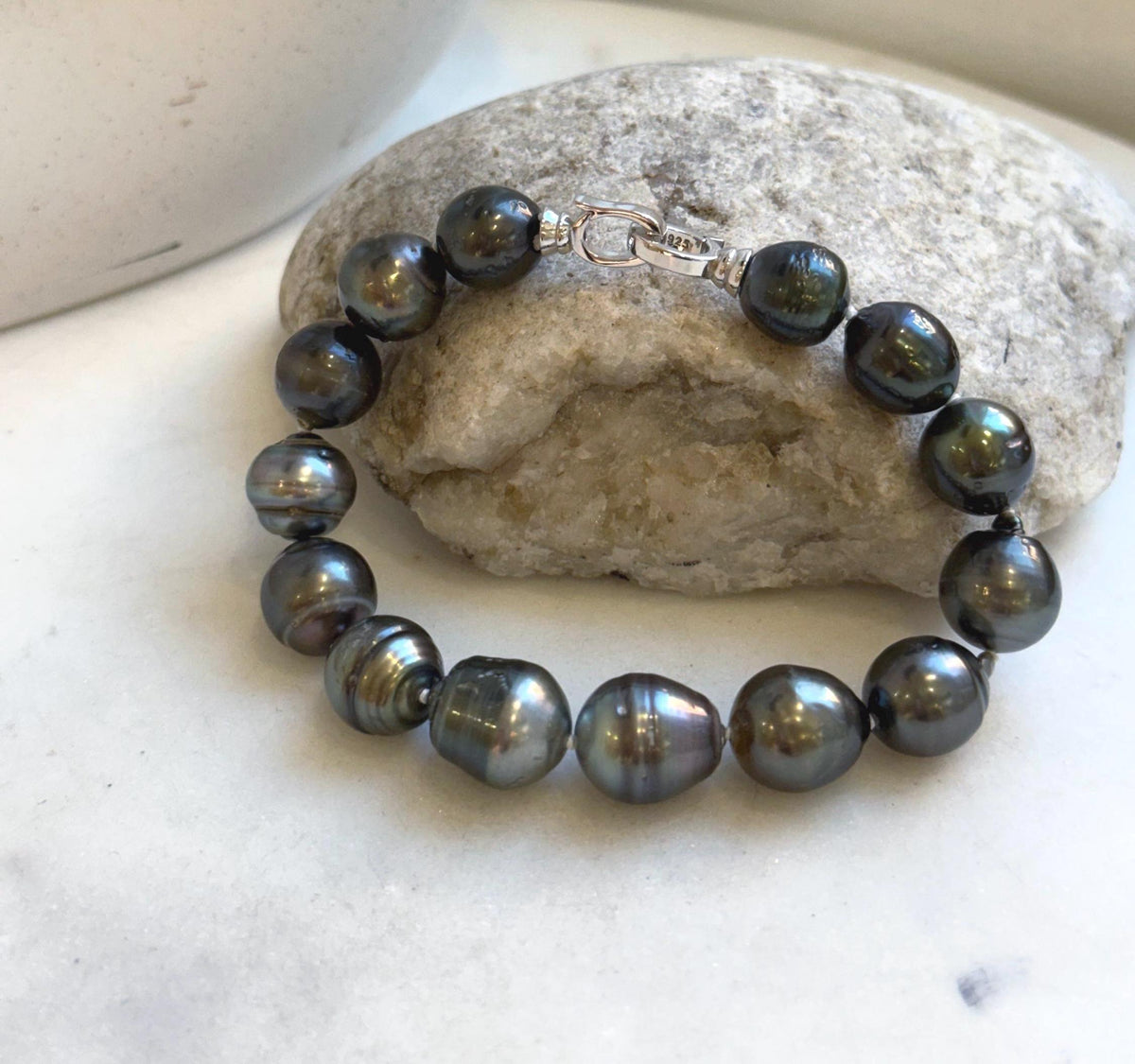 Elly’s 10.1-11.6mm 14pcs Tahitian Ocean peacock platinum Pearls Bracelet: Extreme luster, 7.8” knotted. Pearl jewelry idea. gift for her graduation