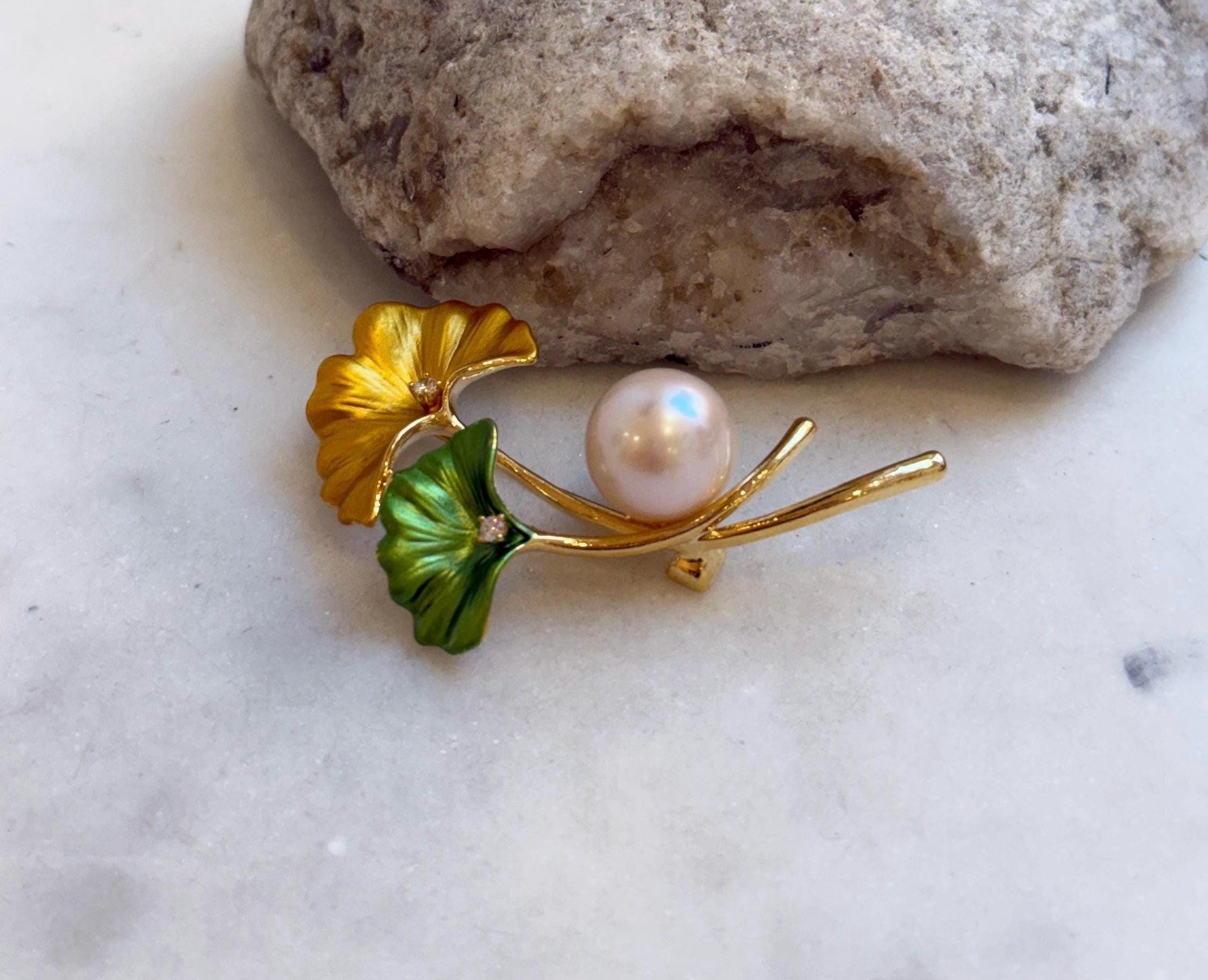 Elly’s 12.3mm Edison Light Rose pearl Lotus leaf brooch: Extreme luster mirrored, 3.3x5.2cm, pearl jewelry. gift for her
