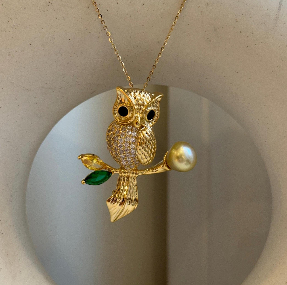 Elly’s South sea deep golden ocean pearl Owl brooch pendant 2in1: Extreme luster mirrored, 8.6mm, s925 silver chain not included. gift for her graduation