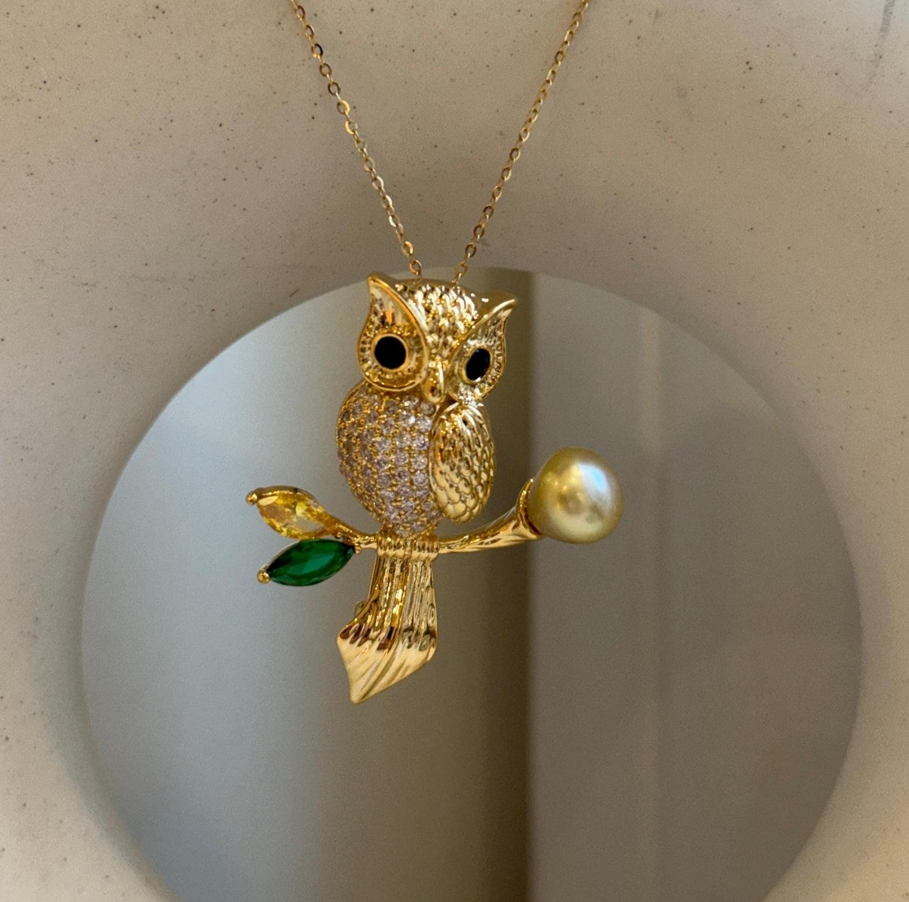 Elly’s South sea deep golden ocean pearl Owl brooch pendant 2in1: Extreme luster mirrored, 8.6mm, s925 silver chain not included. gift for her graduation