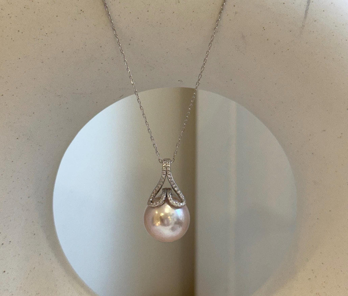 Elly’s 13.6mm Edison rose Pearl mermaid tail Pendant: Extreme luster mirrored, s925 silver pendant necklace set.Pearl jewelry idea. gift for her