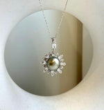 10.4mm Tahitian platinum ocean pearl Floral pendant: Extreme luster mirrored, S925 silver pendant chain set. gift for her holiday