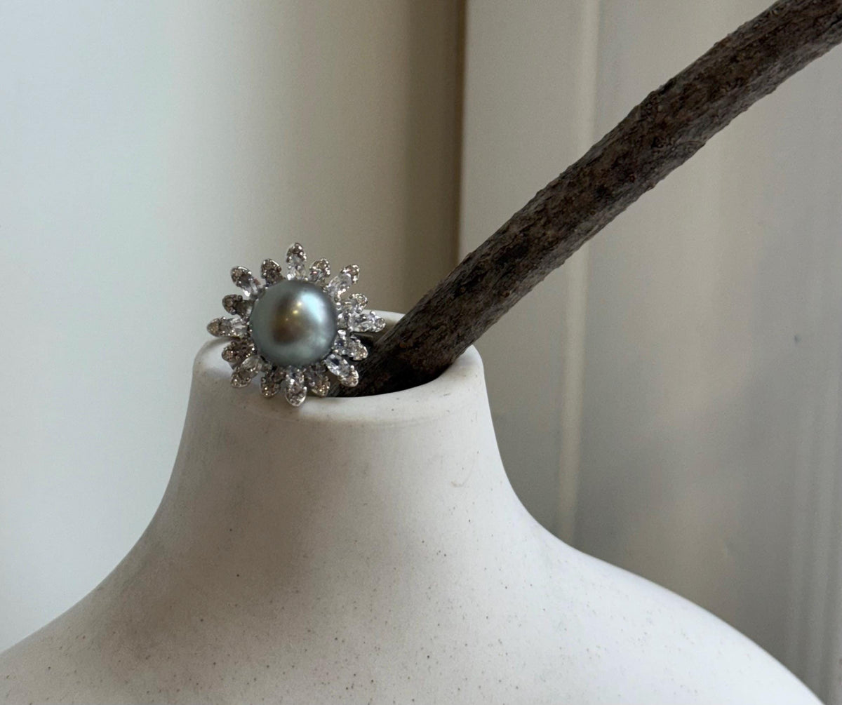 10.1mm Tahitian Ocean Platinum Pearl Ring: Extreme luster mirrored, S925 silver Floral adjustable Ring. daily Ring