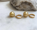 Elly’s 12.4mm South sea ultra golden ocean Pearls Earrings hoops: Extreme luster mirrored, 3cm high, S925 silver cool earrings hoops. gift for her