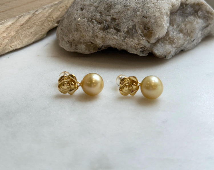 9.6mm South sea golden ocean Pearls Rose Earrings: Extreme luster mirrored, S925 silver cool earrings. Pearl jewelry Idea.