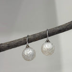 Elly’s 12mm Australian ocean White Carved Pearls Earrings High heel Hooks: Extreme luster Mirrored, S925 silver minimalist earrings.